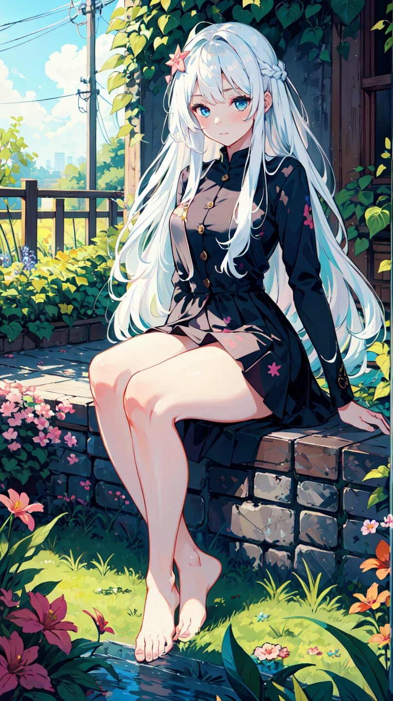  masterpiece,best quality,highres,1girl,very beautiful and cute,star \(symbol\),floral print,Hourglass body shape,(chubby),show foot,very long hair,mini_skirt,prefect leg,leg_lift,((white hair)),garden, bare foot,sitting,detailed eyes,