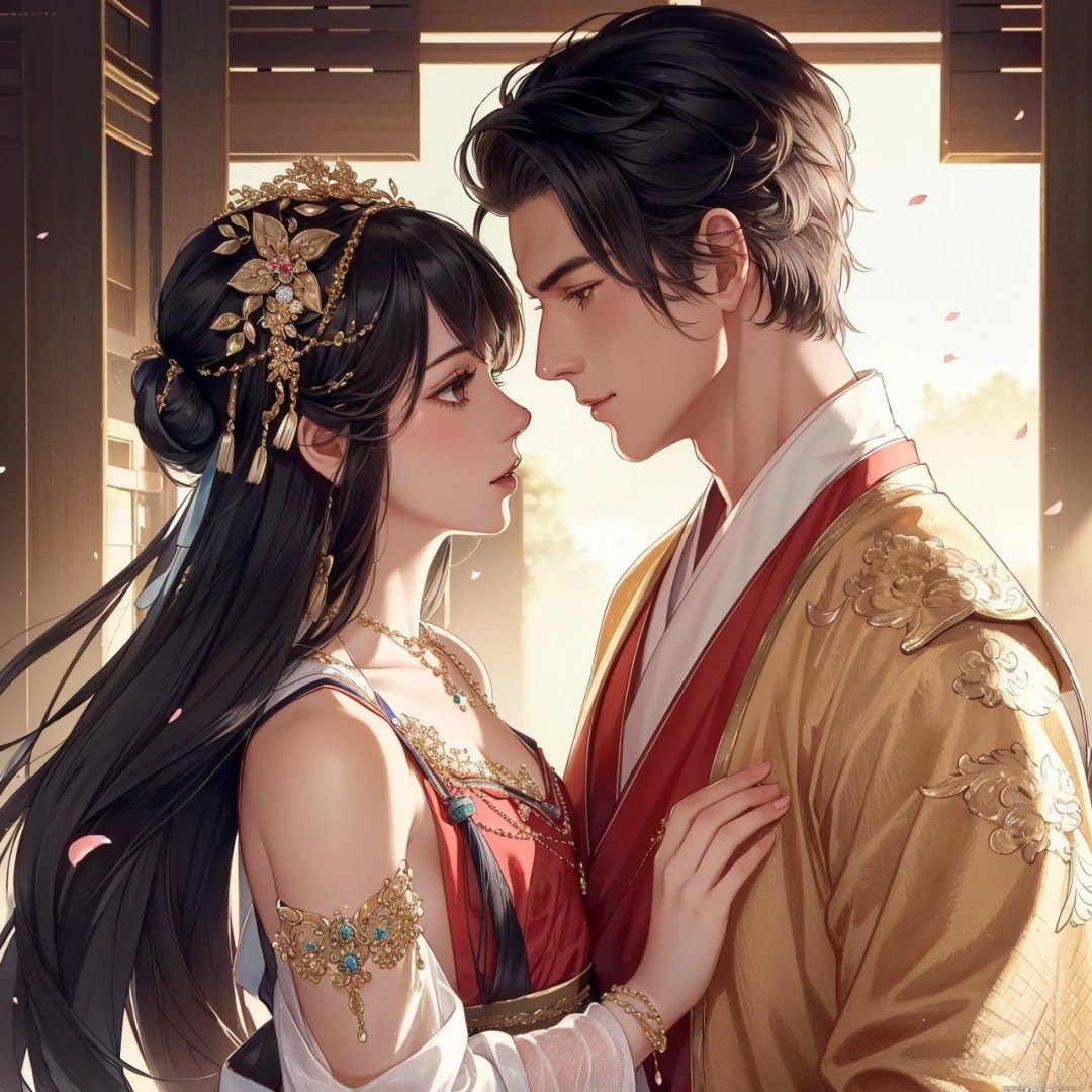  (8k, RAW photo, best quality, masterpiece:1.2),ultra-detailed, extremely detailed cg 8k wallpaper,hatching (texture),skin gloss,light persona,1girl, 1boy, beads, black hair, detached sleeves, jewelry, bald, hetero, hair ornament, petals, looking at another1male, hanfu, , 1girl