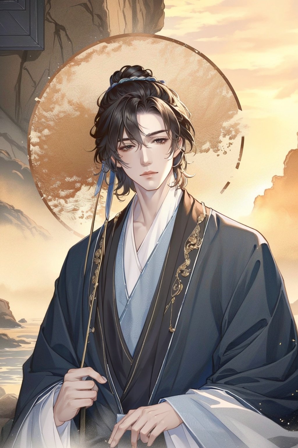 (8k, RAW photo, best quality, masterpiece:1.2),ultra-detailed, extremely detailed cg 8k wallpaper,hatching (texture),skin gloss,light persona,1boy,1male, hanfu, <lora:1017gf-000018:0.8>