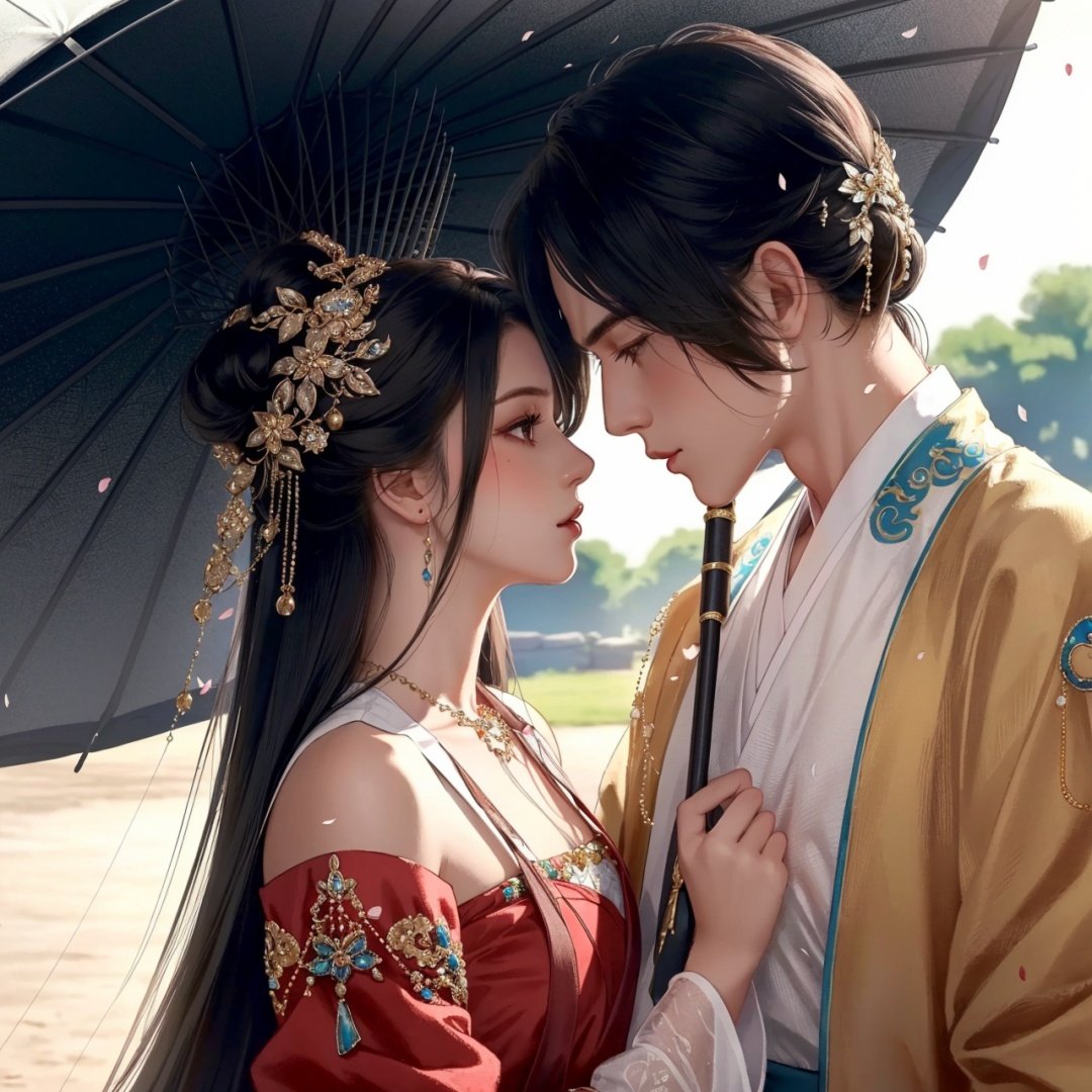 (8k, RAW photo, best quality, masterpiece:1.2),ultra-detailed, extremely detailed cg 8k wallpaper,hatching (texture),skin gloss,light persona,1girl, 1boy, beads, umbrella, black hair, detached sleeves, jewelry, bald, hetero, hair ornament, petals, looking at another1male, hanfu, <lora:1017gf-000018:0.5>