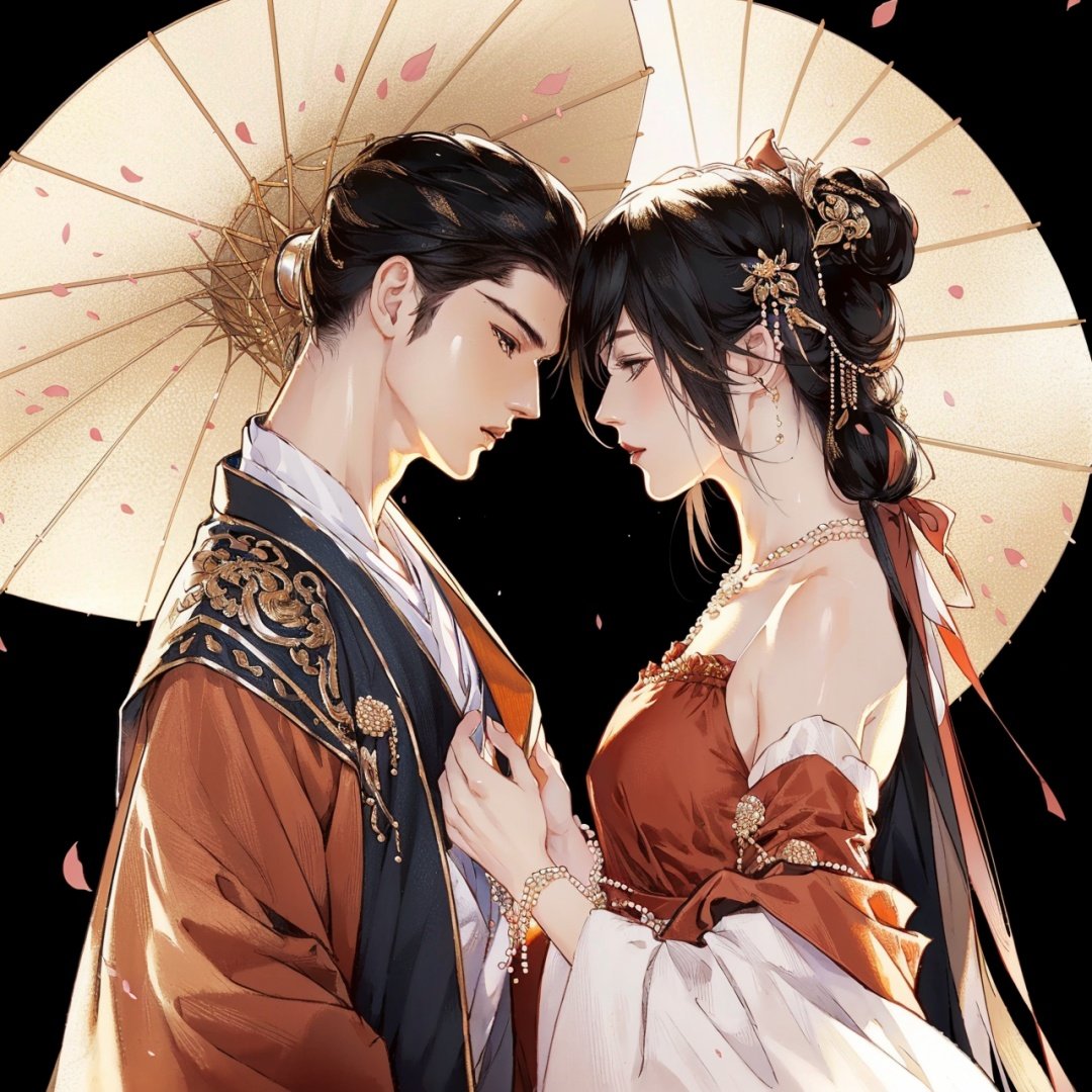 (8k, RAW photo, best quality, masterpiece:1.2),ultra-detailed, extremely detailed cg 8k wallpaper,hatching (texture),skin gloss,light persona,1girl, 1boy, beads, umbrella, black hair, detached sleeves, jewelry,hetero, hair ornament, petals, looking at another1male, hanfu, <lora:1017gf-000018:0.8>