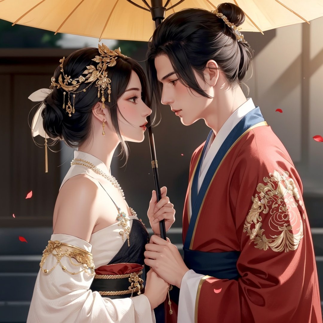 (8k, RAW photo, best quality, masterpiece:1.2),ultra-detailed, extremely detailed cg 8k wallpaper,hatching (texture),skin gloss,light persona,1girl, 1boy, beads, umbrella, black hair, detached sleeves, jewelry, bald, hetero, hair ornament, petals, looking at another1male, hanfu, <lora:1017gf-000018:0.5>