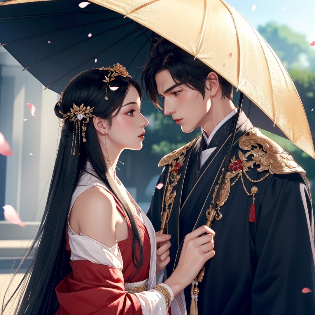 (8k, RAW photo, best quality, masterpiece:1.2),ultra-detailed, extremely detailed cg 8k wallpaper,hatching (texture),skin gloss,light persona,1girl, 1boy, beads, umbrella, black hair, detached sleeves, jewelry, bald, hetero, hair ornament, petals, looking at another1male, hanfu, <lora:1017gf-000018:0.5>