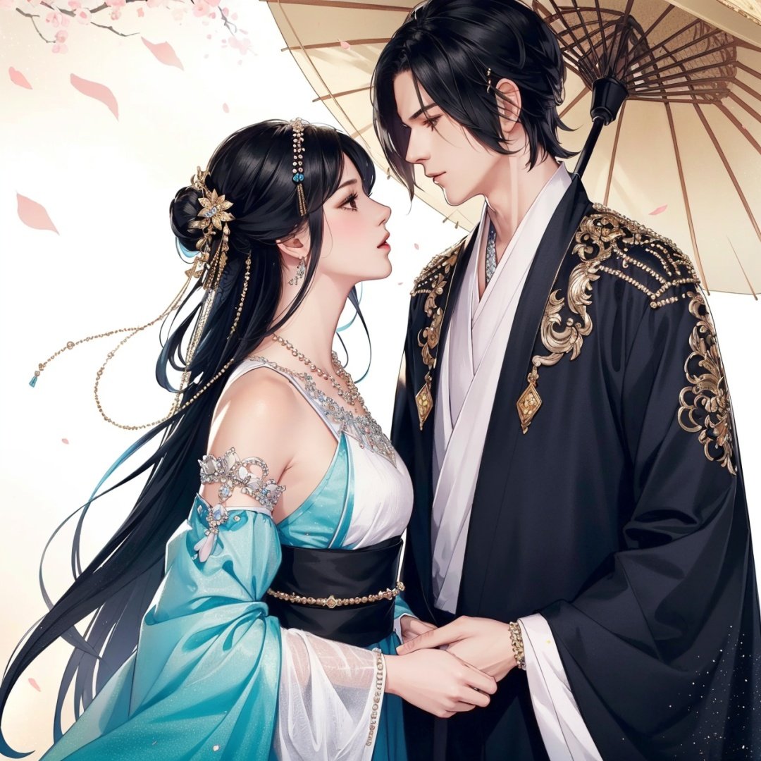  (8k, RAW photo, best quality, masterpiece:1.2),ultra-detailed, extremely detailed cg 8k wallpaper,hatching (texture),skin gloss,light persona,1girl, 1boy, beads, umbrella, black hair, detached sleeves, jewelry, bald, hetero, hair ornament, petals, looking at another1male, hanfu, , 1girl