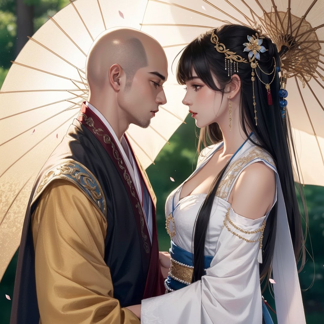 (8k, RAW photo, best quality, masterpiece:1.2),ultra-detailed, extremely detailed cg 8k wallpaper,hatching (texture),skin gloss,light persona,1girl, 1boy, beads, umbrella, black hair, detached sleeves, jewelry, bald, hetero, hair ornament, petals, looking at another1male, hanfu, <lora:1017gf-000018:0.5>