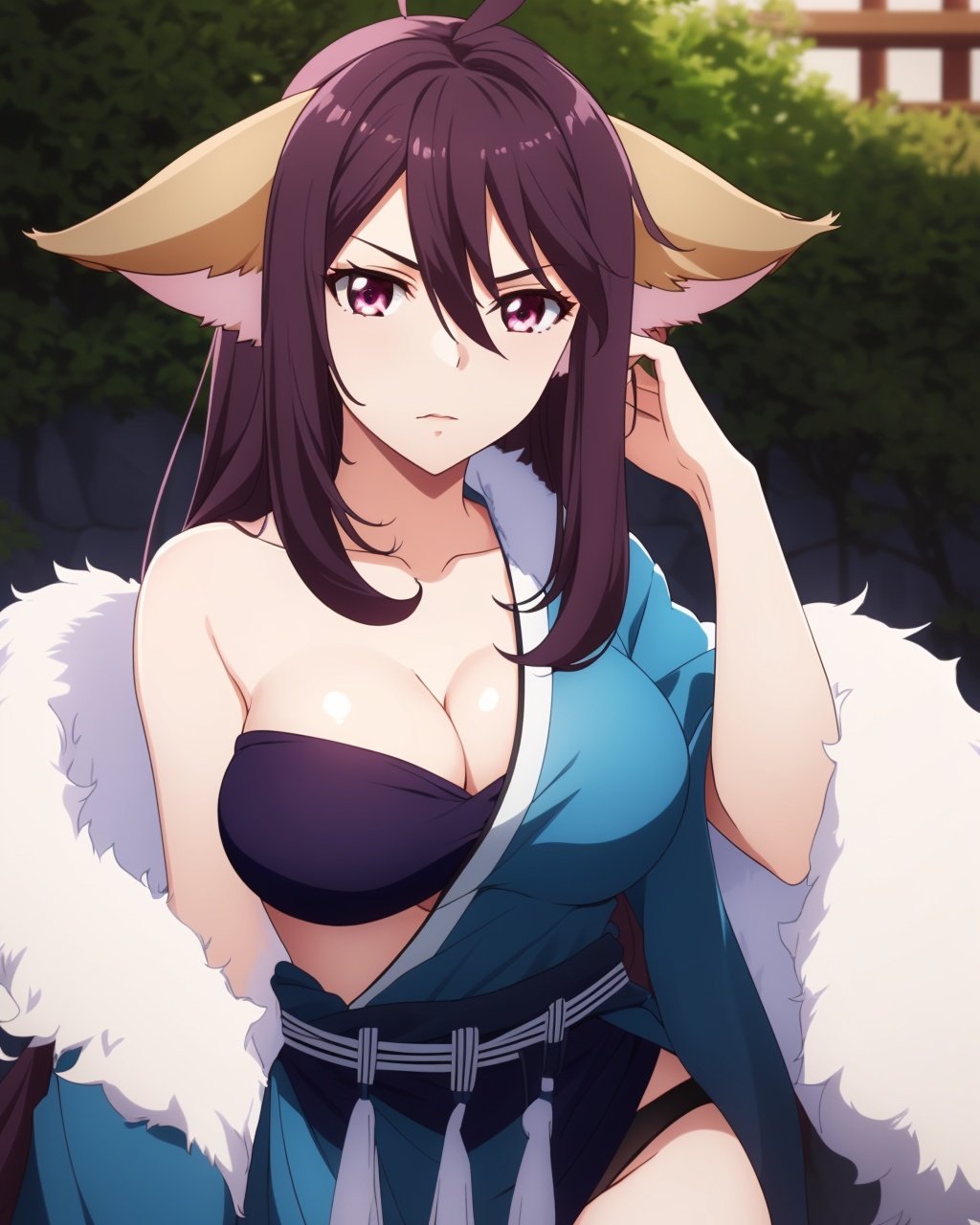 <lora:15蓝衣涂山雅雅:0.8>,1girl, solo, long hair, (animal ears:1.5), breasts, cleavage, large breasts, belt, collarbone, purple hair,purple eyes, fur trim, kimono, japanese clothes, open clothes,  wide sleeves,hair between eyes,strapless,black panties, outdoors, 