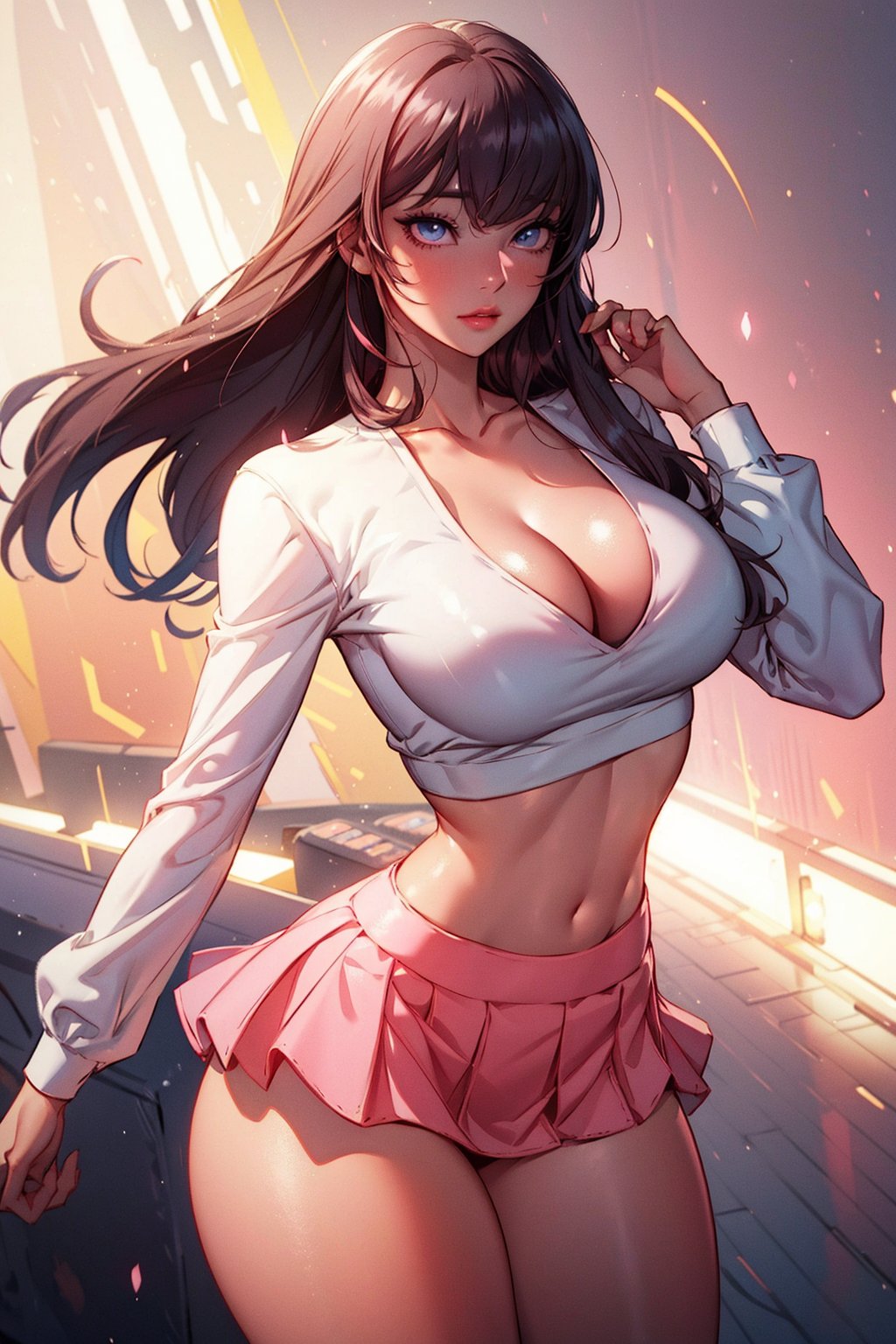 masterpiece, best quality, high_resolution, 
1girl, beautiful face, detailed eyes, cleavage, bangs, crop top, pink top, long sleeves, mini skirt, thick thighs, cowboy shot, dynamic background, hodopoKA