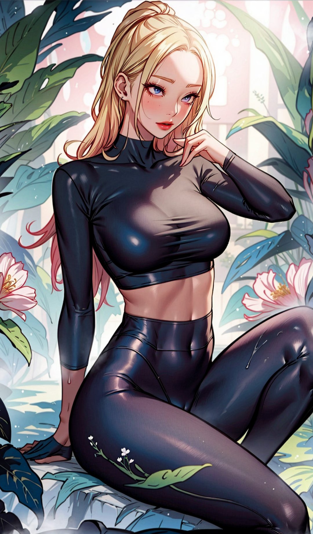 masterpiece, beautiful detailed, colourful, finely detailed, intricate details, (1girl:1.1), solo, beautiful, 17yo, cute Korean girl, blonde, leggings, crop top, hodopoKA