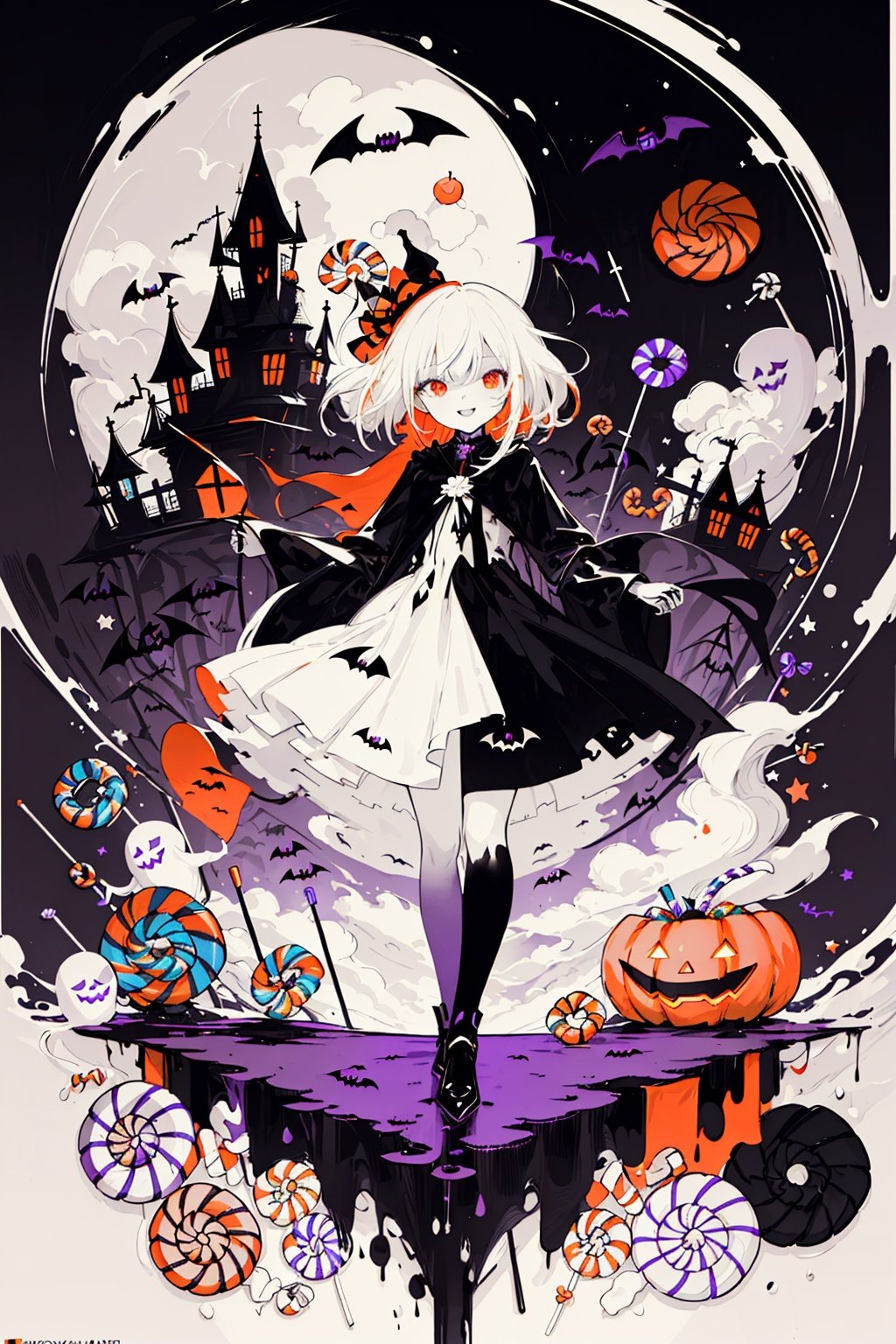  ((masterpiece:1)),(((best quality))),illustration,extremely detailed 8k wallpaper,colorful,

1girl,white hair,red eyes,shining eyes,

(ghost)


beautiful and detailed cloudy sky,castle,bat (animal),(halloween:1.1),full red moon,Beautiful and detailed black,(jack-o'-lantern:0.8)

 (Abstract Art:1.35),(flat color:1.3),(high contrast:1.3),happy halloween,(candy:1.2)
, wansheng