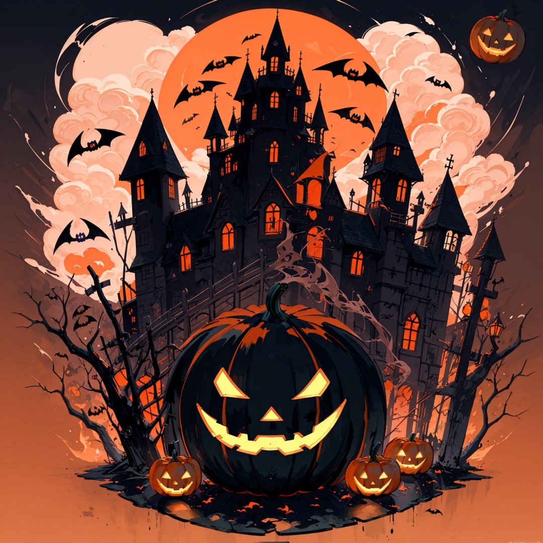 wansheng, flat color, bat (animal), no humans, moon, jack-o'-lantern, halloween, pumpkin, full moon, solo, night, fire, castle, sky