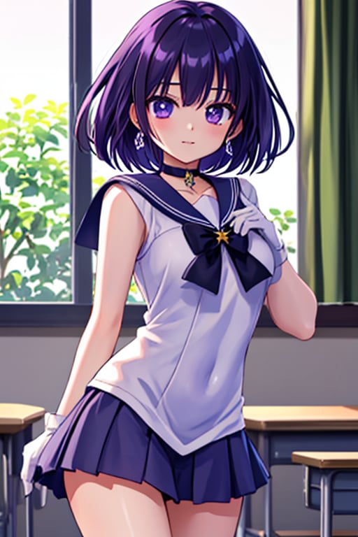 a 6-year-old Japanese schoolgirl, incorporating Sailor Saturn elements, (purple eyes:1.1),  (in a classroom setting:1.2),short purple hair, circlet, brooch, choker, earrings, gloves, jewelry, magical girl, miniskirt, purple sailor collar, sailor collar, sailor senshi uniform, skirt, star choker, white gloves, BREAK school background, daytime, natural light, BREAK looking at viewer, (cowboy shot:1.5),BREAK (masterpiece:1.2), best quality, high resolution, unity 8k wallpaper, (illustration:0.8), (beautiful detailed eyes:1.6), extremely detailed face, perfect lighting, extremely detailed CG, (perfect hands, perfect anatomy), sailor saturn.