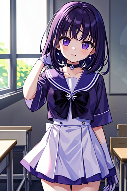 a 6-year-old Japanese girl,  (in a classroom setting:1.2), Generate a high-quality image of a 6-year-old Japanese schoolgirl in a classroom setting, dressed as Sailor Saturn. She should have purple eyes, short purple hair, and wear a circlet, brooch, choker, earrings, gloves, and a sailor senshi uniform with a miniskirt. The image should be set against a night sky with stars and a moon, and the girl should be looking directly at the viewer with a cowboy shot composition. The image should be a masterpiece with best quality, high resolution, and unity 8k wallpaper standards. The illustration should have beautiful, detailed eyes, an extremely detailed face, perfect lighting, and extremely detailed CG with perfect hands and anatomy. The background should be a beautiful, high-quality image of a school, with a focus on the girl as Sailor Saturn