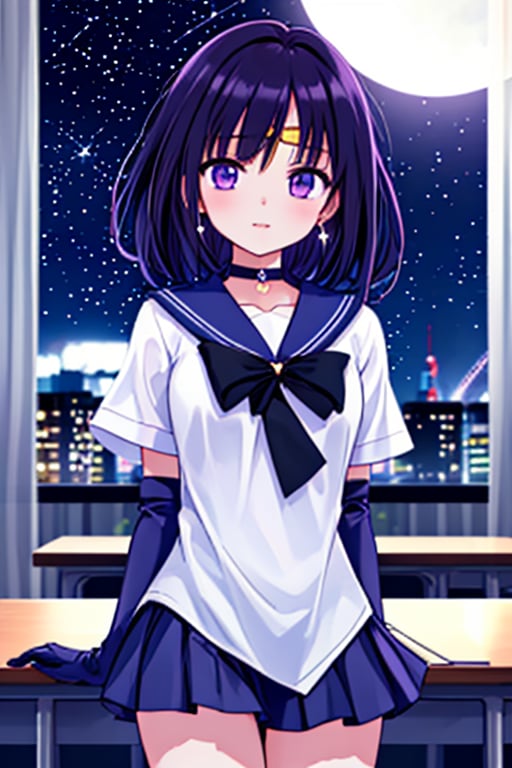 Generate a high-quality image of a 6-year-old Japanese schoolgirl in a classroom setting, dressed as Sailor Saturn. She should have purple eyes, short purple hair, and wear a circlet, brooch, choker, earrings, gloves, and a sailor senshi uniform with a miniskirt. The image should be set against a night sky with stars and a moon, and the girl should be looking directly at the viewer with a cowboy shot composition. The image should be a masterpiece with best quality, high resolution, and unity 8k wallpaper standards. The illustration should have beautiful, detailed eyes, an extremely detailed face, perfect lighting, and extremely detailed CG with perfect hands and anatomy. The background should be a beautiful, high-quality image of a school, with a focus on the girl as Sailor Saturn
