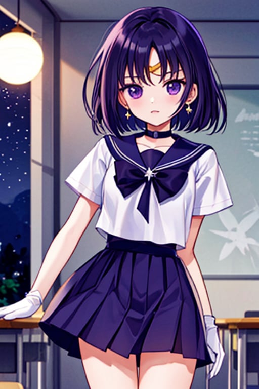 A detailed illustration of Sailor Saturn, a 6-year-old Japanese schoolgirl in a classroom setting, standing in front of a school building at night. She is wearing her sailor senshi uniform, complete with a purple sailor collar, miniskirt, white gloves, and a star choker. Her short purple hair is adorned with a circlet, brooch, earrings, and gloves. Her purple eyes are sparkling and full of life. The scene is lit by the moonlight, and the night sky is filled with stars. The image is rendered in high resolution with perfect lighting, extremely detailed CG, and beautiful, detailed eyes. The composition is a cowboy shot, and the overall style is a masterpiece.