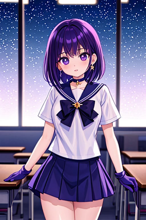 a 6-year-old Japanese girl,  (in a classroom setting:1.2), Generate a high-quality image of a 6-year-old Japanese schoolgirl in a classroom setting, dressed as Sailor Saturn. She should have purple eyes, short purple hair, and wear a circlet, brooch, choker, earrings, gloves, and a sailor senshi uniform with a miniskirt. The image should be set against a night sky with stars and a moon, and the girl should be looking directly at the viewer with a cowboy shot composition. The image should be a masterpiece with best quality, high resolution, and unity 8k wallpaper standards. The illustration should have beautiful, detailed eyes, an extremely detailed face, perfect lighting, and extremely detailed CG with perfect hands and anatomy. The background should be a beautiful, high-quality image of a school, with a focus on the girl as Sailor Saturn