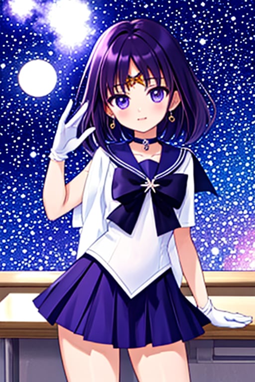 A beautiful and detailed illustration of Sailor Saturn, a 6-year-old Japanese schoolgirl, in a classroom setting. She has purple eyes, short purple hair, and wears a sailor senshi uniform with a purple sailor collar, a miniskirt, white gloves, a circlet, a BREAK brooch, a choker, earrings, gloves, and jewelry. She is looking at the viewer in a cowboy shot, standing outdoors at night with the moon and stars in the sky. The image should be a high-quality, 8k resolution, unity wallpaper with perfect lighting, extremely detailed CG, and perfect hands and anatomy.