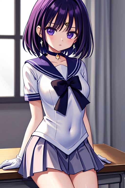a 6-year-old Japanese schoolgirl, incorporating Sailor Saturn elements, (purple eyes:1.1), (in a classroom setting:1.2), short purple hair, circlet, brooch, choker, earrings, gloves, jewelry, magical girl, miniskirt, purple sailor collar, sailor collar, sailor senshi uniform, skirt, star choker, white gloves, sitting at a desk, surrounded by school supplies, BREAK school background, daytime, natural light, BREAK looking at viewer, (cowboy shot:1.5),BREAK (masterpiece:1.2), best quality, high resolution, unity 8k wallpaper, (illustration:0.8), (beautiful detailed eyes:1.6), extremely detailed face, perfect lighting, extremely detailed CG, (perfect hands, perfect anatomy), sailor saturn.