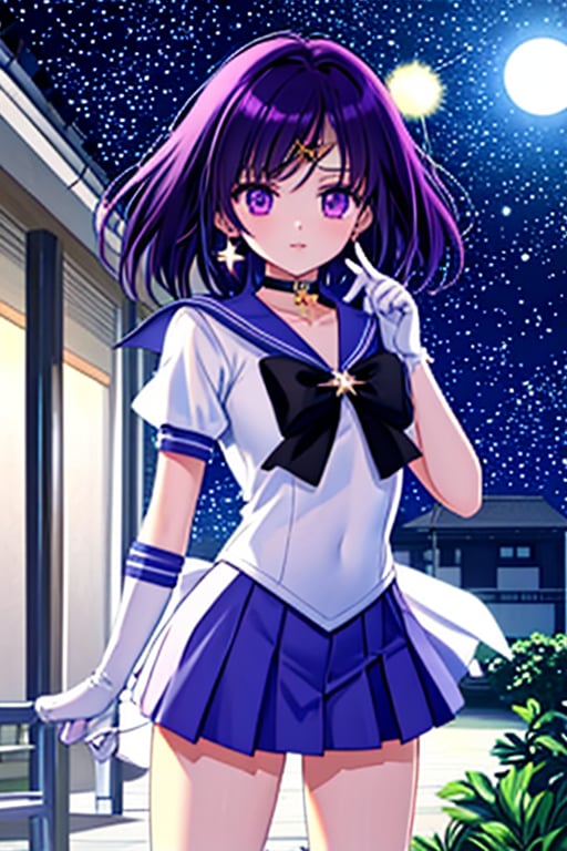 A detailed illustration of Sailor Saturn, a 6-year-old Japanese schoolgirl, standing in front of a school building at night. She is wearing her sailor senshi uniform, complete with a purple sailor collar, miniskirt, white gloves, and a star choker. Her short purple hair is adorned with a circlet, brooch, earrings, and gloves. Her purple eyes are sparkling and full of life. The scene is lit by the moonlight, and the night sky is filled with stars. The image is rendered in high resolution with perfect lighting, extremely detailed CG, and beautiful, detailed eyes. The composition is a cowboy shot, and the overall style is a masterpiece.