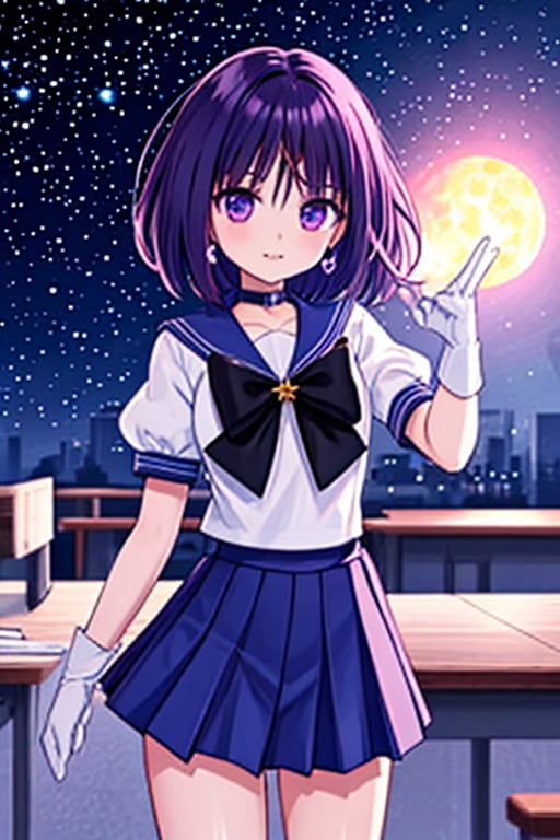 A beautiful and detailed illustration of Sailor Saturn, a 6-year-old Japanese schoolgirl, in a classroom setting. She has purple eyes, short purple hair, and wears a sailor senshi uniform with a purple sailor collar, a miniskirt, white gloves, a circlet, a BREAK brooch, a choker, earrings, gloves, and jewelry. She is looking at the viewer in a cowboy shot, standing outdoors at night with the moon and stars in the sky. The image should be a high-quality, 8k resolution, unity wallpaper with perfect lighting, extremely detailed CG, and perfect hands and anatomy.