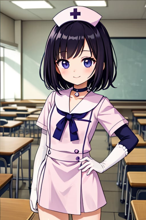 a 6-year-old Japanese girl,  (in a classroom setting:1.2), (masterpiece, best quality:1.2), solo, 1 girl, Sailor Saturn, magical girl, smiling, closed mouth, looking at viewer, hand on hip, tiara, nurse uniform, pleated skirt with nurse patterns, elbow gloves, jewelry, brooch, choker, 6 year old, young, Japanese, kindergarten student, nurse cap.