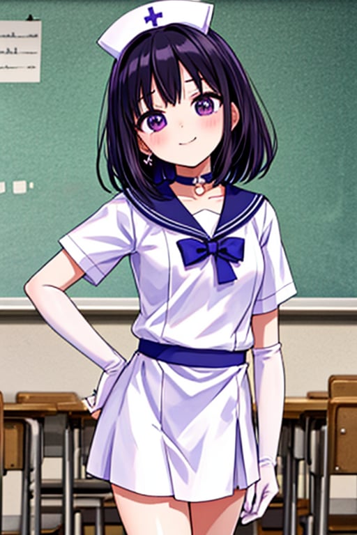 a 6-year-old Japanese girl,  (in a classroom setting:1.2), (masterpiece, best quality:1.2), solo, 1 girl, Sailor Saturn, magical girl, smiling, closed mouth, looking at viewer, hand on hip, tiara, nurse uniform, pleated skirt with nurse patterns, elbow gloves, jewelry, brooch, choker, 6 year old, young, Japanese, kindergarten student, nurse cap.