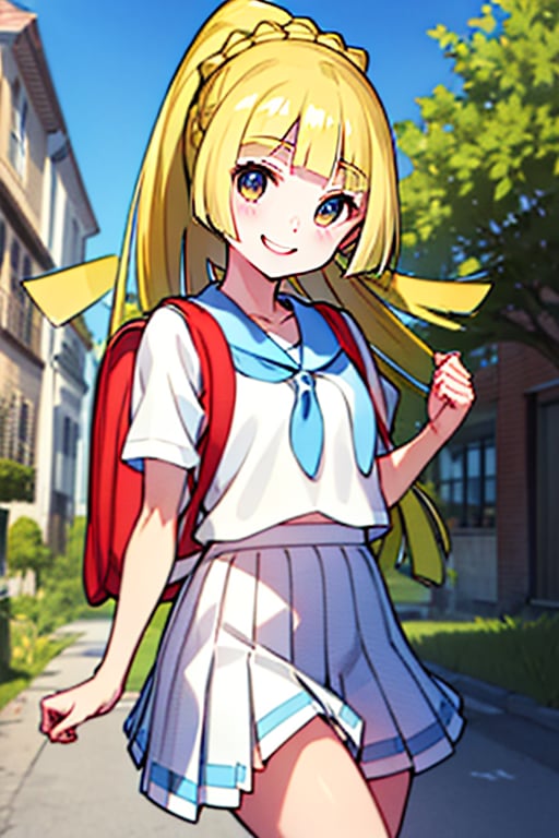 (masterpiece, best quality:1.2), highres, aalillie, long hair, ponytail, french braid, white shirt, short sleeves, white skirt, pleated skirt, , backpack, smile, street,