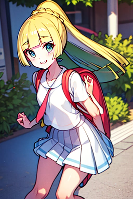 (masterpiece, best quality:1.2), highres, aalillie, long hair, ponytail, french braid, white shirt, short sleeves, white skirt, pleated skirt, , backpack, smile, street,