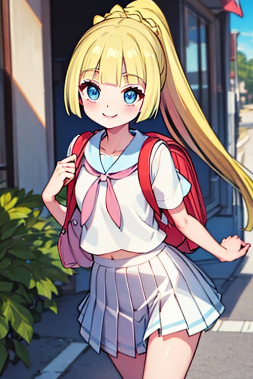 (masterpiece, best quality:1.2), highres, aalillie, long hair, ponytail, french braid, white shirt, short sleeves, white skirt, pleated skirt, , backpack, smile, street,