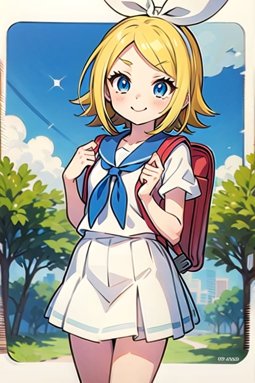 (masterpiece, best quality:1.2), a cartoon girl in a sailor outfit with a backpack and a scarf, loli in dress, rei hiroe, in anime style, anime girl, cute anime style, in an anime style, anime style character, cute anime girl, (anime girl), young anime girl, kagamine rin, an anime girl, small curvy loli, retro anime girl