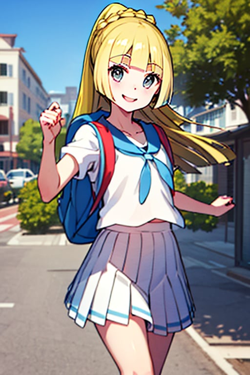 (masterpiece, best quality:1.2), highres, aalillie, long hair, ponytail, french braid, white shirt, short sleeves, white skirt, pleated skirt, , backpack, smile, street,