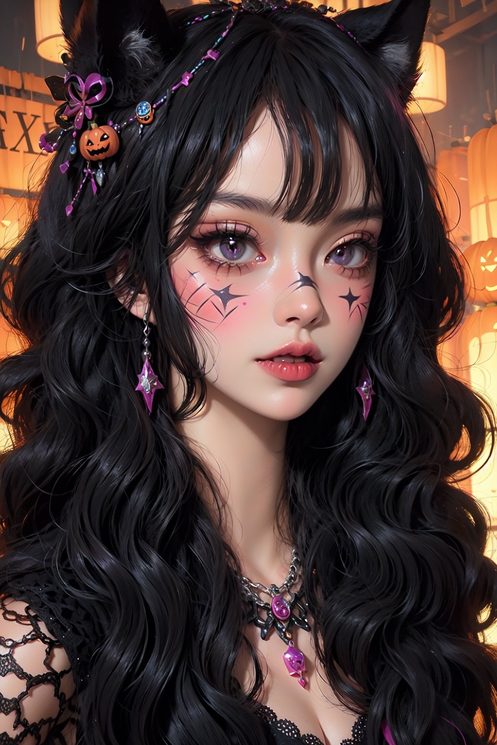 1girl,  solo,  facial mark,  long hair,  lips,  looking at viewer,  facepaint,  exaggerated makeup,  (Halloween Makeup),  the whole body,  WaHaa, <lora:EMS-63839-EMS:0.300000>, , <lora:EMS-59469-EMS:0.700000>