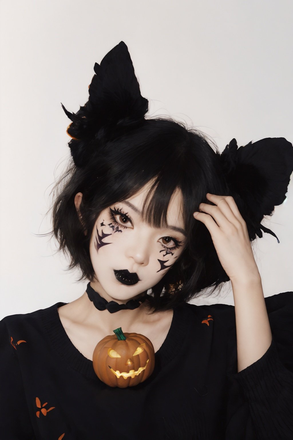  1girl,solo, upper body,looking at viewer, white background, bob cut, short hair, multicolored hair, makeup , parted lips, black lips, eyeliner, gothic, goth girl,Best quality, 8k, cg,halloween,1girl,HalloweenPumpkinDecor,high definition, facepaint, facial mark, facepaint, halloween makeup, mole, mole under eye, freckles, facial tattoo