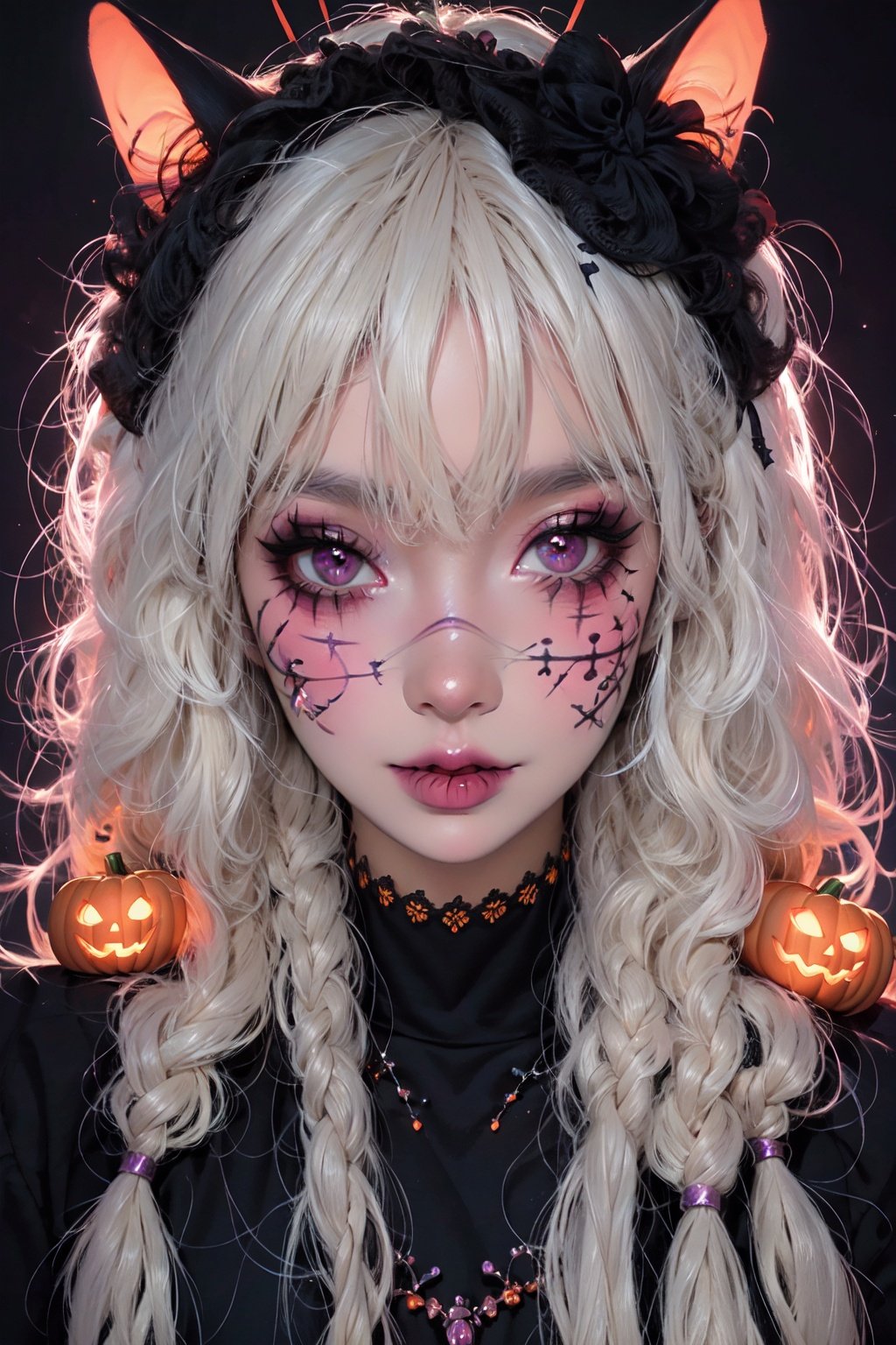 Best quality, 8k, 1girl, solo, facial mark, long hair, lips, facepaint, exaggerated makeup, (Halloween Makeup), half body photo, WaHaa