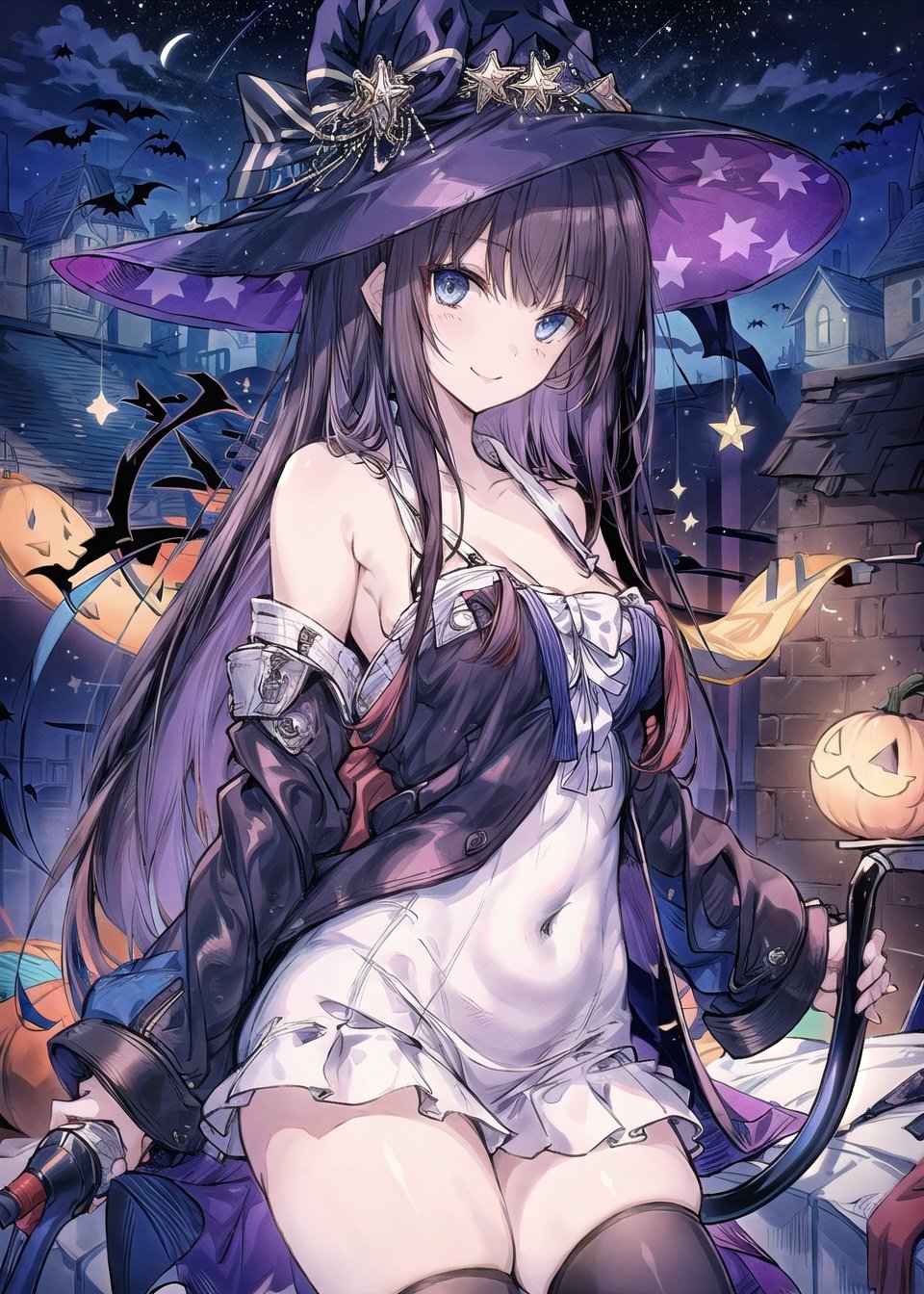  long_island\(azur lane\),long_hair,blue_eyes,black hair, halloween_costume,black_legwear,witch_hat,white skirt,night, night sky, rooftop, sky, skyscraper, smile, solo, stage, star sky, starry sky, masterpiece, best quality, extremely detailed face, sharp details, high contrast, 1girl