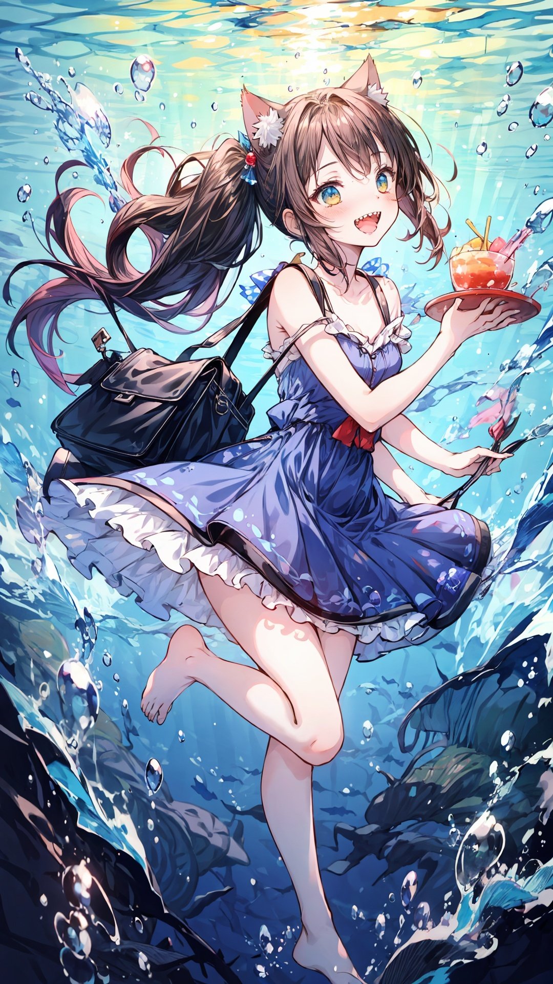  gura_neko, (loli:1),blue dress, cat ears, side ponytail, shoulder bag,qzqban,white background,barefoot,bare legs,sharp teeth,full body, watercolor,:d, qzqban,underwater, shuixia, 1girl, houtufeng