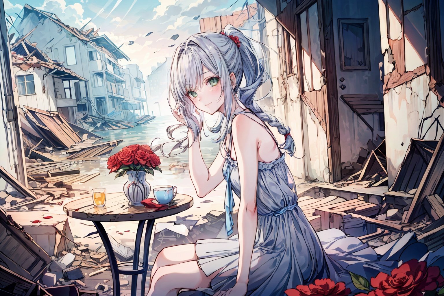  (detailed light), (an extremely delicate and beautiful), (1 girl holdding vase and flower)
(cowboy shot:1.3)
(from side:1.25), (1 loli:1.2), grey hair, (messy braid ponytail), (wearing old ripped dress), (long grey dress), frills, (Smile, hope, sunshine:1.2), (solo), (blue eyes:1.2), (Detailed beautiful eyes, lively eyes), (sitting), table
volume light, best shadow, flash, Depth of field, dynamic angle, Oily skin
(looking at vase), (1 Detailed vase), (red flower inside of vase), (Detailed and beautiful), (Holdding vase)
(outdoors, Earthquake debris, cracked ground, collapsed houses in the distance, grey sky, smoky)
, 1girl