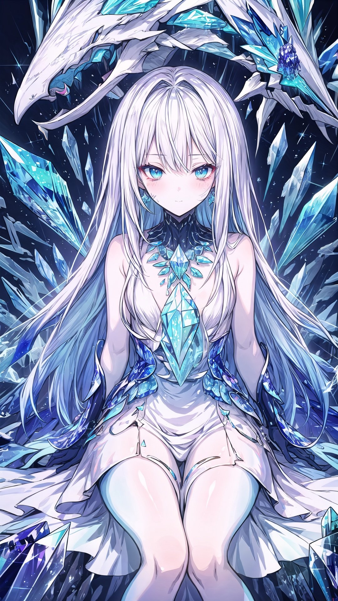  masterpiece, best quality, masterpiece,best quality,official art,extremely detailed CG unity 16k wallpaper,masterpiece, ((1girl)),(science fiction:1.1), (ultra-detailed crystallization:1.5), (crystallizing girl:1.5), kaleidoscope, ((iridescent:1.5) long hair), (glittering silver eyes), sitting, surrounded by colorful crystals, blue skin, (skin fusion with crystal:1.8), looking up, face focus, simple dress, transparent crystals, flat dark background, lens flare, prism,