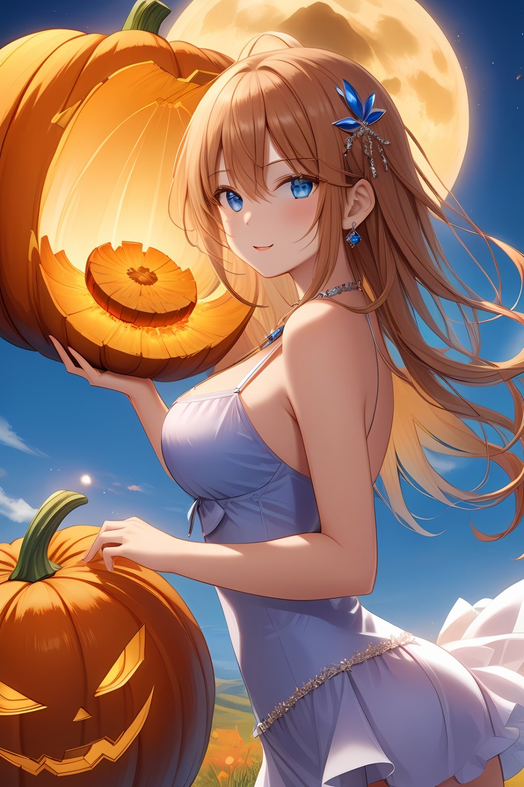  1 girl, holding a giant pumpkin in both hands, blue eyes, blue, orange, red, sapphire earrings, sapphire necklace, breast crack, closed shoulders, white background, cleavage, abdomen, thighs, fashion underwear,