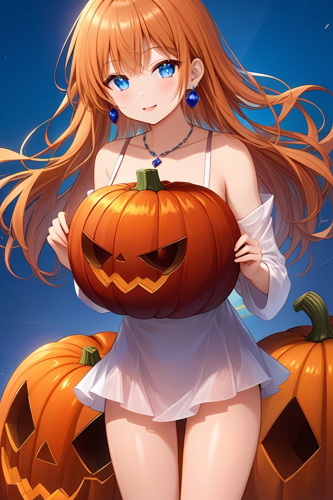  1 girl, holding a giant pumpkin in both hands, blue eyes, blue, orange, red, sapphire earrings, sapphire necklace, breast crack, closed shoulders, white background, cleavage, abdomen, thighs, fashion underwear,