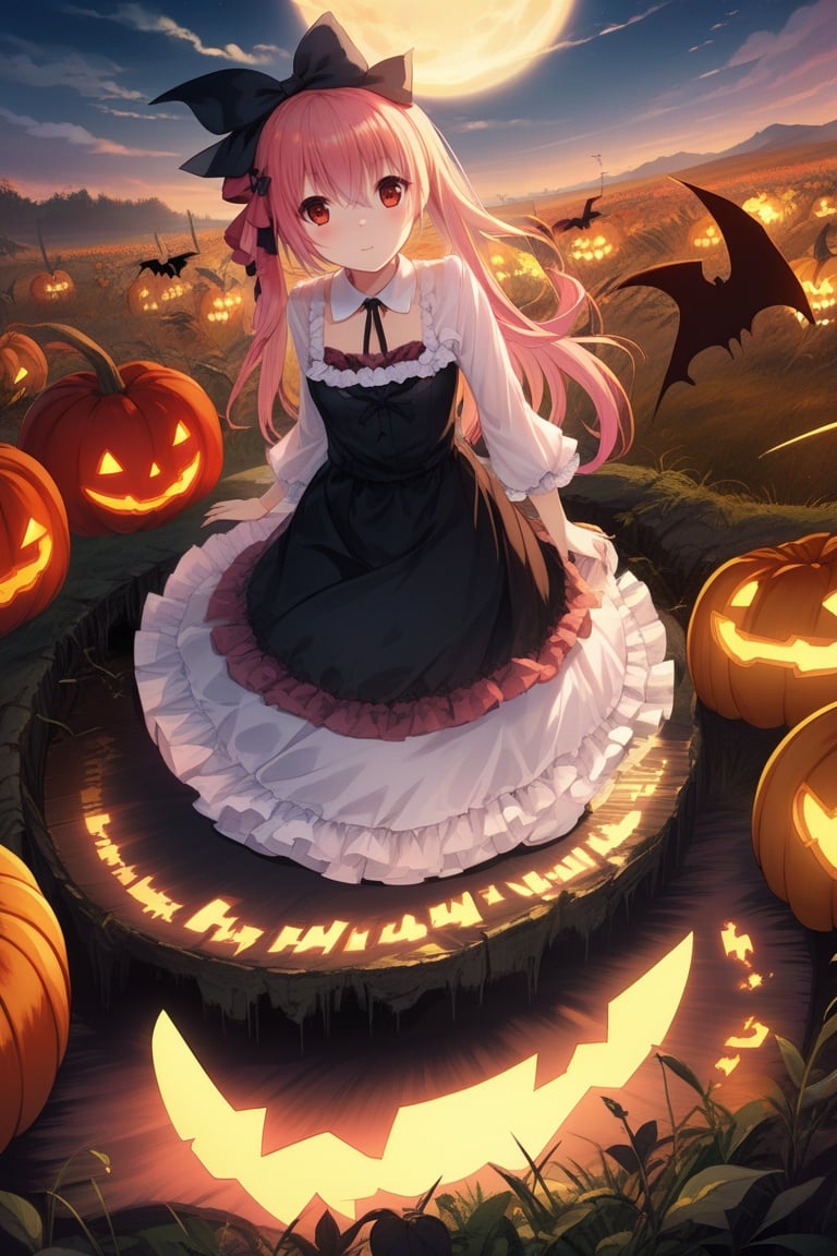 (cemetery, Halloween background, Dead forest), ((Leviathan, Jormungand, Fenrir, shadow)background:1.3), (lots of pumpkin head monsters), (lots of
candles), (evil monsters floating:1.3), (red moon), night, (Cthulhu style), (bats)
BREAK
(lots of monster shadows behind the girl:1.3)
(cute face), 1 girl kneeling on the floor, (black blindfold:1.3), pink hair, (double
ponytail), (prayer position:1.2), wearing (red and white Lolita skirt:1.2), lots of
ruffles, big blue bow, Juliet sleeves, full body, (White silk stockings), (lolita
fashion), (cleavage), Bare shoulder, sitting, (from below:1.2)
(detailed light), (an extremely delicate and beautiful), volume light, best shadow, flash, Depth of field, Oily skin, (girl in the middle of picture)