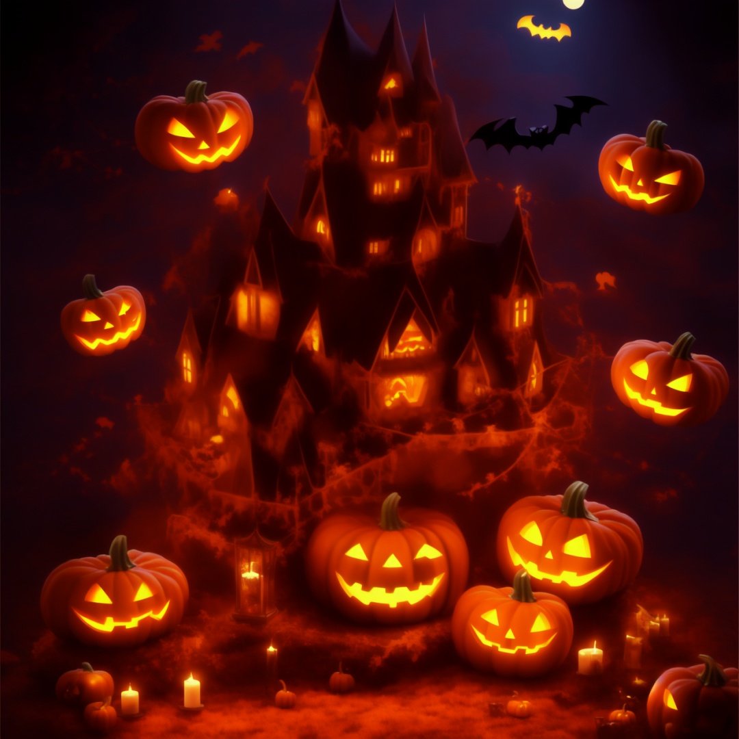 Best quality, 8k, cg,Halloween,jack-o'-lantern,bat,pumpkin,townlet,house