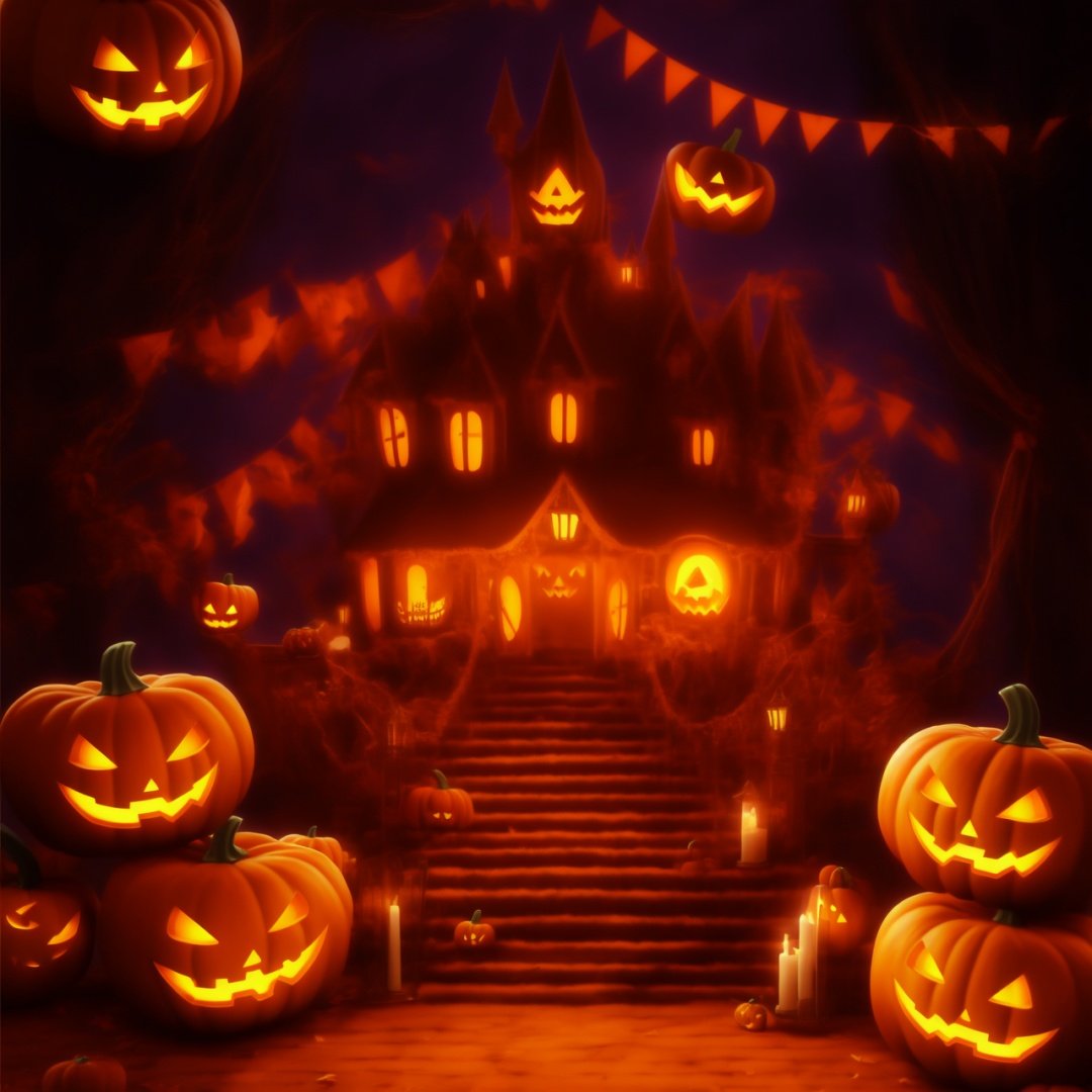 Best quality, 8k, cg,Halloween,jack-o'-lantern,bat,pumpkin,townlet,house