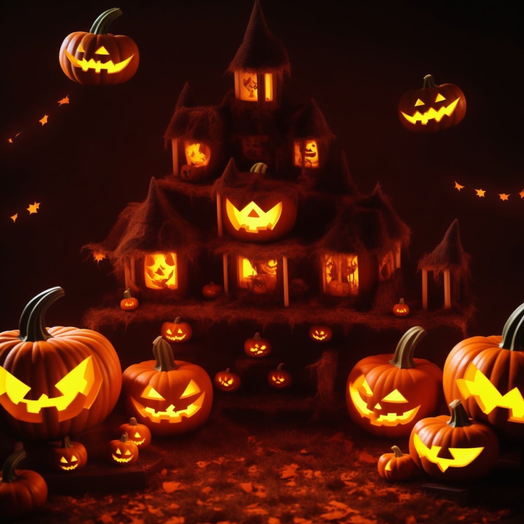 Best quality, 8k, cg,Halloween,jack-o'-lantern,bat,pumpkin,townlet,house