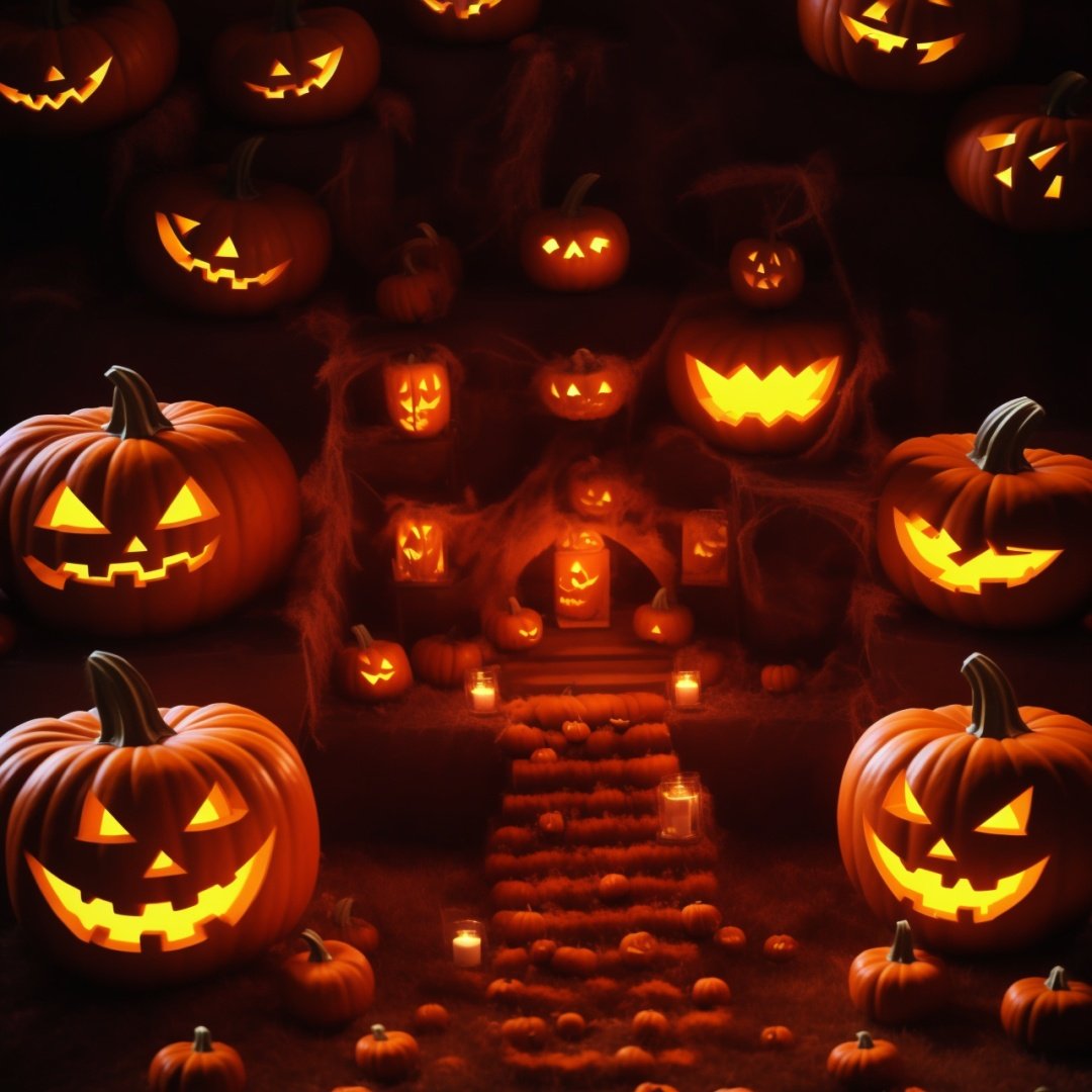 Best quality, 8k, cg,Halloween,jack-o'-lantern,bat,pumpkin,townlet,house