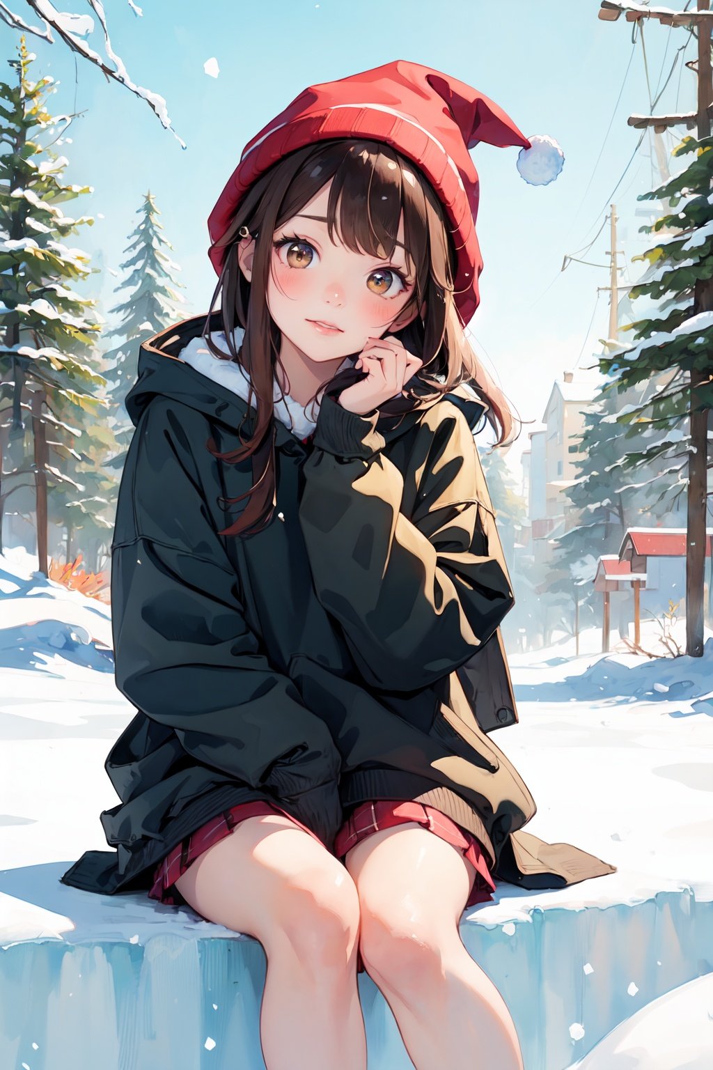 masterpiece, best quality,1girl, PIXIV, cute, msn, brown hair, brown eyes, christmas hat,secai, trees, snow, watercolor
