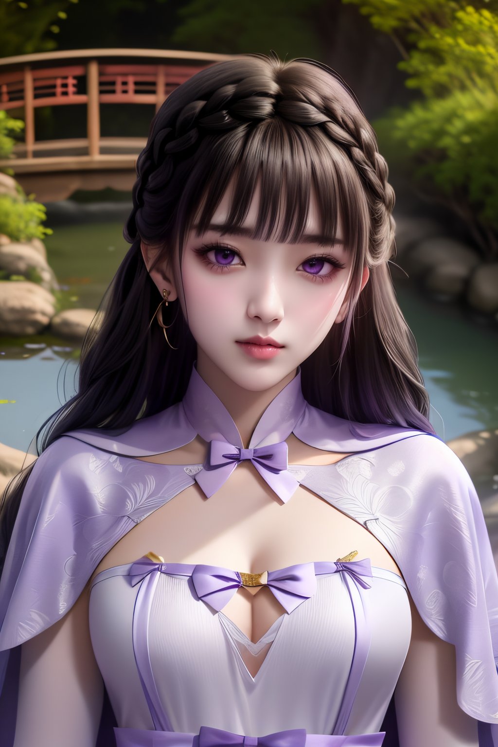 lotus pond, water, lotus flowers, pink lotus flowers, white lotus flowers, (golden koi fish), (lush greenery), (decorative bridge), (stone lanterns),

(pov, best quality, masterpiece, highres), 3d, fashi-girl,

1girl, blush, expressionless, hair bobbed, jewelry, solo, earrings, necklace, large breasts, looking at viewer,

Zi Chuan Ning, ((black hair, long hair)), braid, crown braid, bangs, blunt bangs, ((purple eyes)), light purple outfit, Zi Chuan Ning clothes, ((light purple dress, light purple skirt, capelet, bow, purple bow)), short dress, clothing cutout, detached sleeves, zettai ryouiki, thighhighs, sash