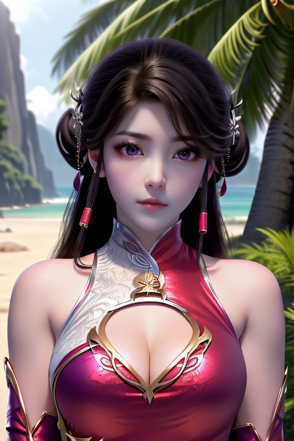 sea view, beach, (sandy beach, towering cliffs, rugged rocks, coconut tree,

(pov, best quality, masterpiece, highres), 3d, fashi-girl,

1girl, blush, expressionless, hair bobbed, jewelry, solo, earrings, necklace, large breasts, looking at viewer,

Huo Ling Er, (black hair), (purple eyes), long hair, hair bun, double bun, hair tubes, hair rings, Huo Ling Er dress, ((red dress)), (( sideboob, innerboob)), golden motifs, chinese clothes, cleavage cutout, short dress, clothing cutout, detached sleeves, zettai ryouiki, thighhighs