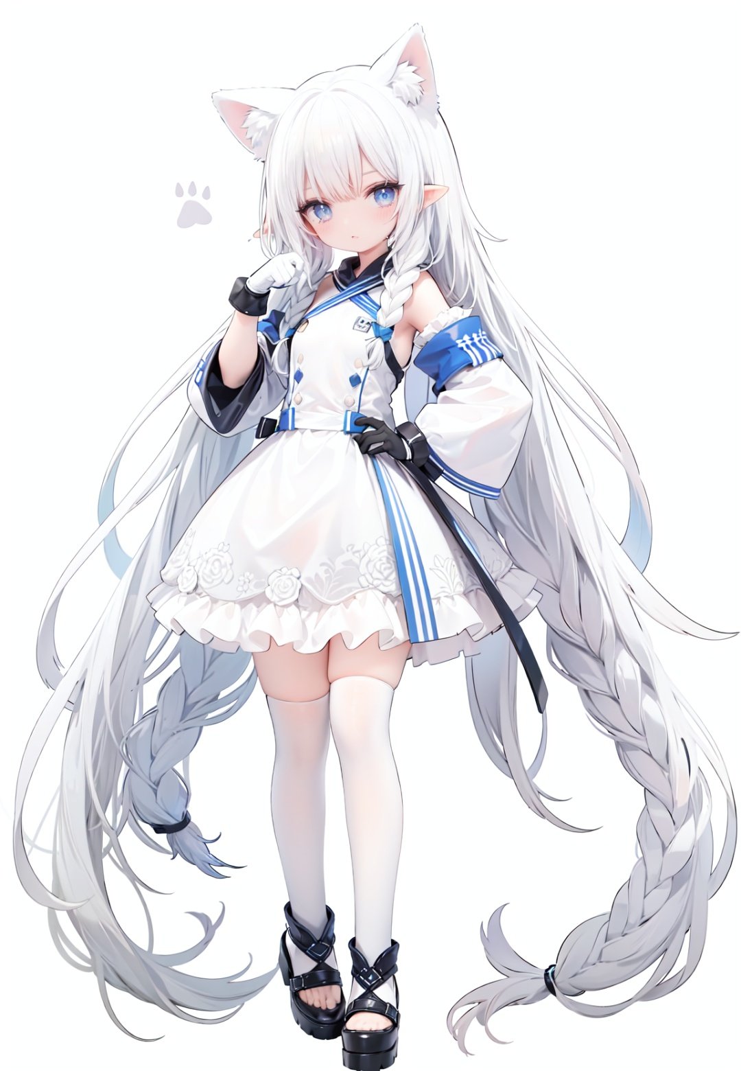  1girl, white_gloves, braid, full_body, gloves, long_hair, official_alternate_costume, pointy_ears, simple_background, solo, standing, very_long_hair, white_background, white hair, blue eyes, paw claw pose, open_mouth