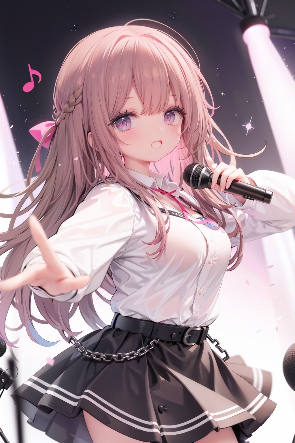  1girl, solo, microphone, smile, skirt, blush, brown eyes, long hair, open mouth, looking at viewer, brown hair, long sleeves, :d, shirt, bangs, belt, breasts, pink shirt, outstretched arm, music, black belt, medium breasts, holding microphone, singing