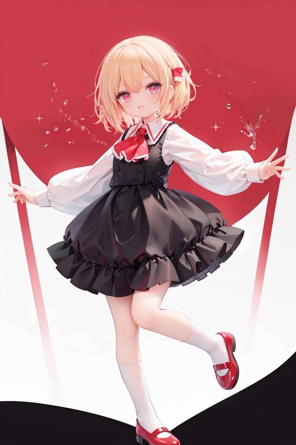  1girl, rumia, blonde hair, solo, white background, red eyes, red footwear, simple background, ascot, short hair, ribbon, open mouth, hair ribbon, smile, long sleeves, shirt, looking at viewer, red ascot, white socks, white shirt, red ribbon, shoes, socks, frills, bangs, outstretched arms, hair between eyes, skirt, :d, dress, vest, mary janes, black dress, black skirt, collared shirt, black vest, blush